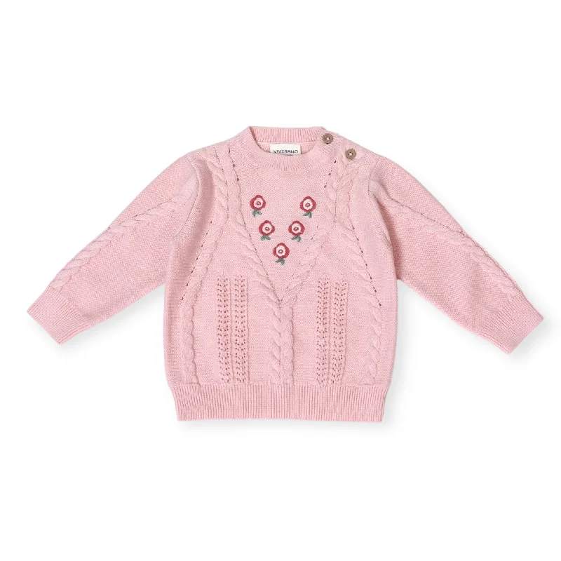 Floral Embroidered Cable Knit Baby Sweater Pullover (Organic Cotton)