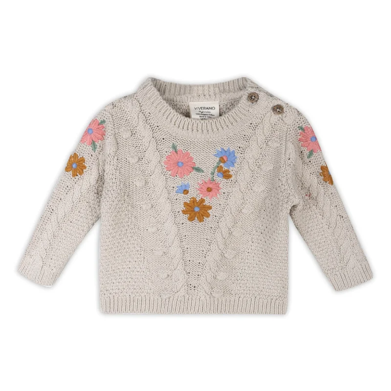 Floral Embroidered Chunky Knit Baby Pullover Sweater (Organic Cotton) - 2 Colors