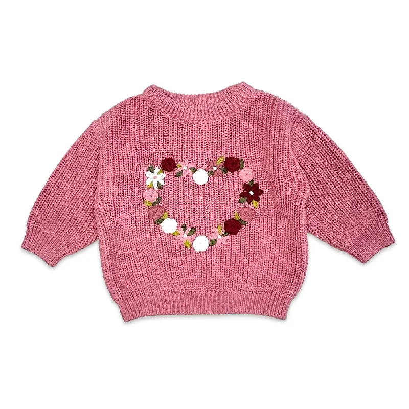 French Rose Heart Hand-Embroidered Slouchy Baby Sweater (Organic)