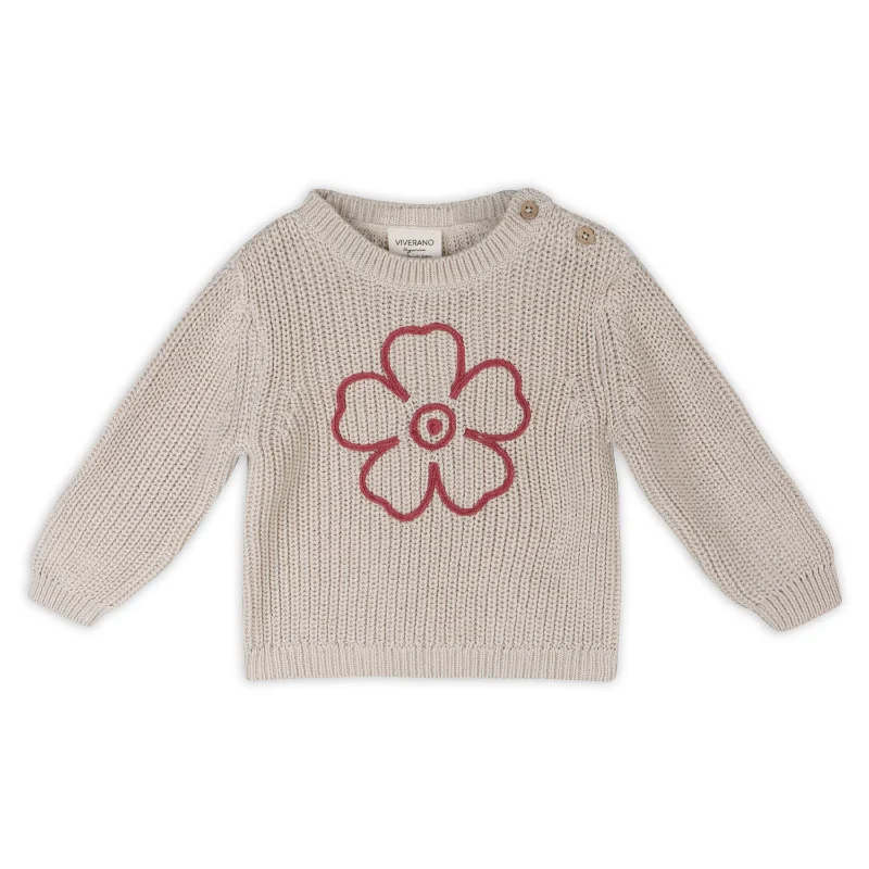 Hippie Flower Embroidered Chunky Knit Baby Pullover Sweater (Organic Cotton)