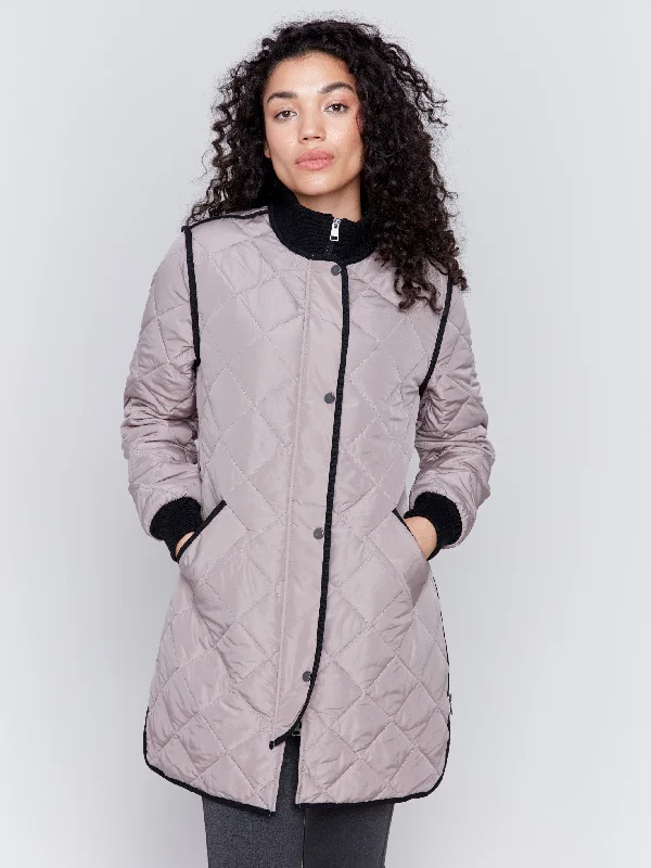 Long Quilted Puffer Jacket - Taupe