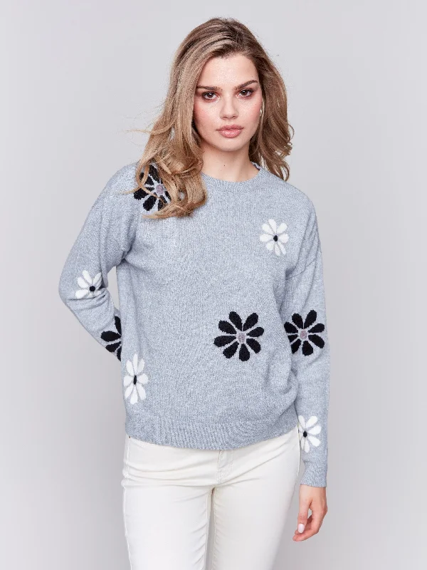 Crew Neck Sweater with Printed Flowers - Light Grey