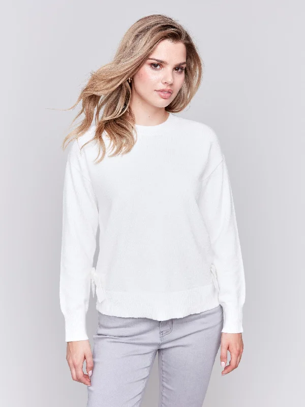 Crew Neck Sweater with Side Bows - Cream