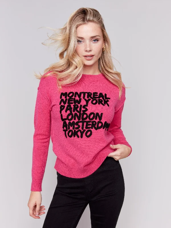 Embroidered Cities Crew Neck Sweater - Magenta