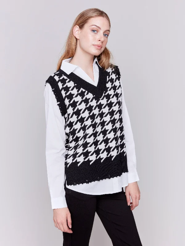 Houndstooth Fooler Vest with Shirt Collar - Pepper