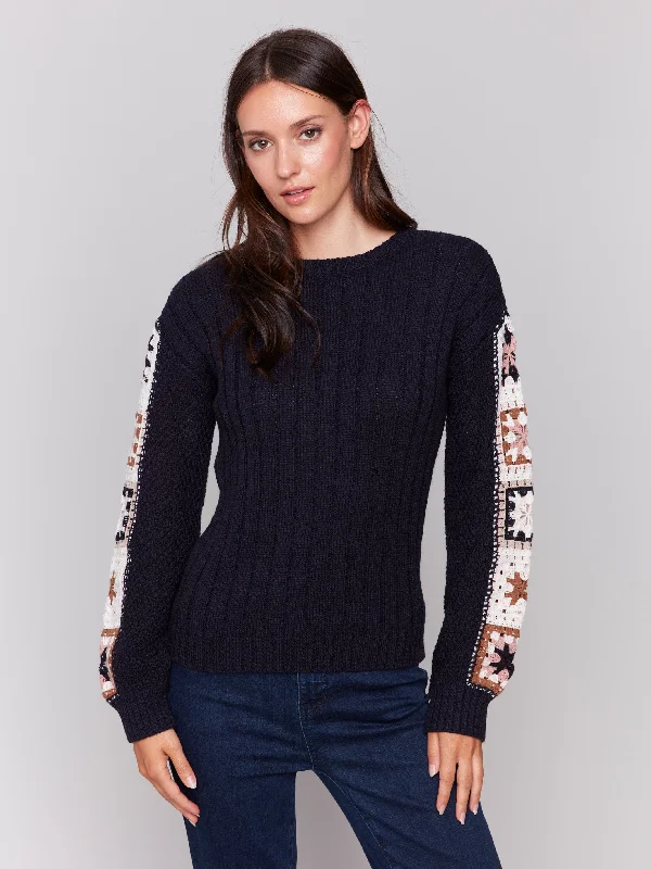 Sweater with Crochet Sleeves - Navy