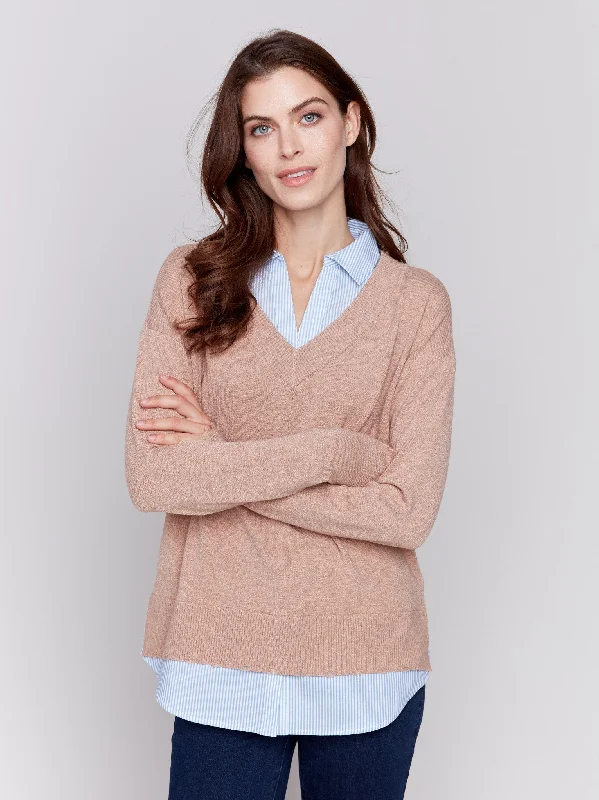 V-Neck Fooler Sweater with Shirt Collar - Caramel